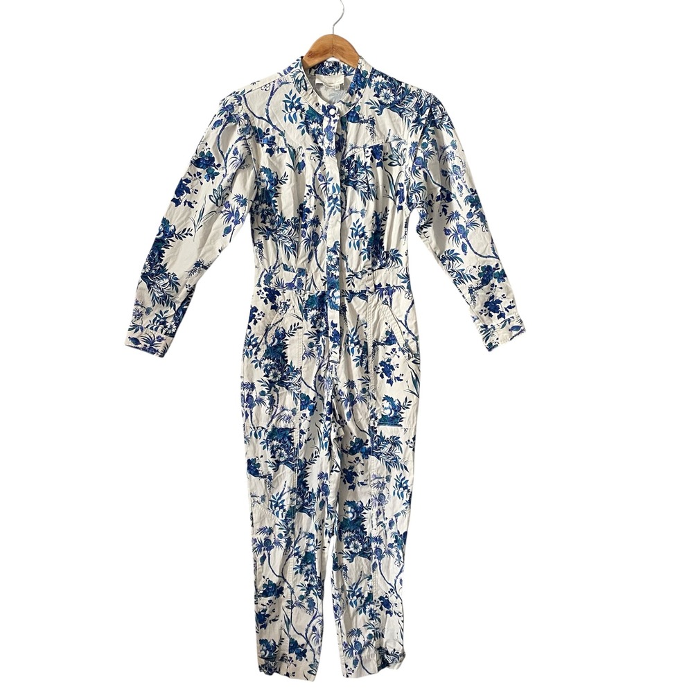 Anthropologie Lucienne Blue White Floral Toile Cotton Utility Jumpsuit Size 4